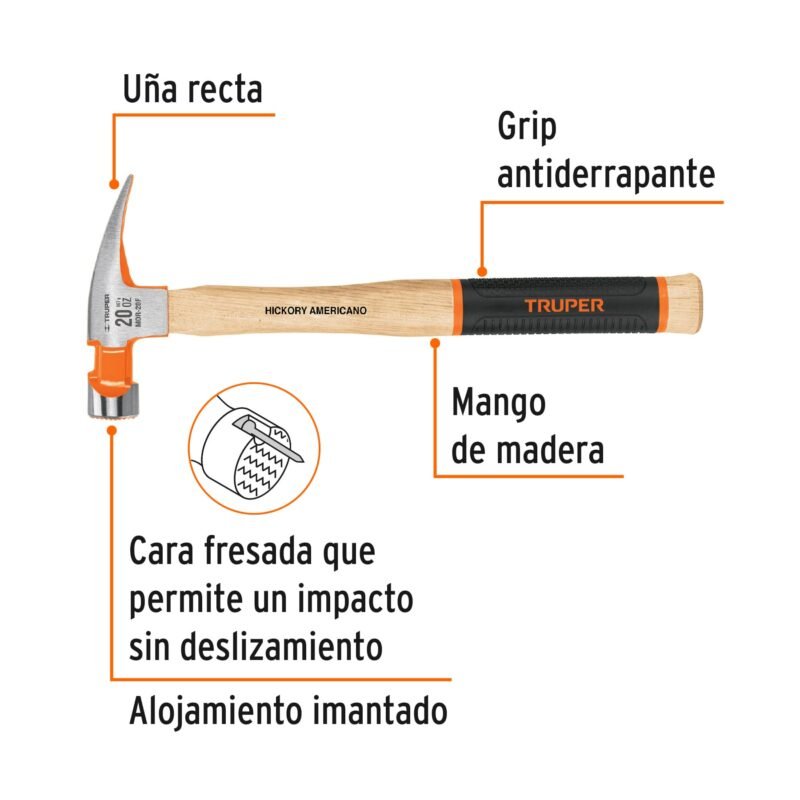 MOR-20FFC1.jpg Código: 16663 Martillo pulido 20 oz uña recta, boca fresada, Truper Grip MOR-20F