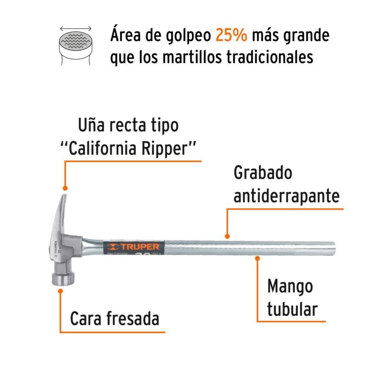 MORCA-20TFC1.jpg Código: 10644 Martillo tubular 20 oz uña California Ripper, cara fresada MORCA-20T