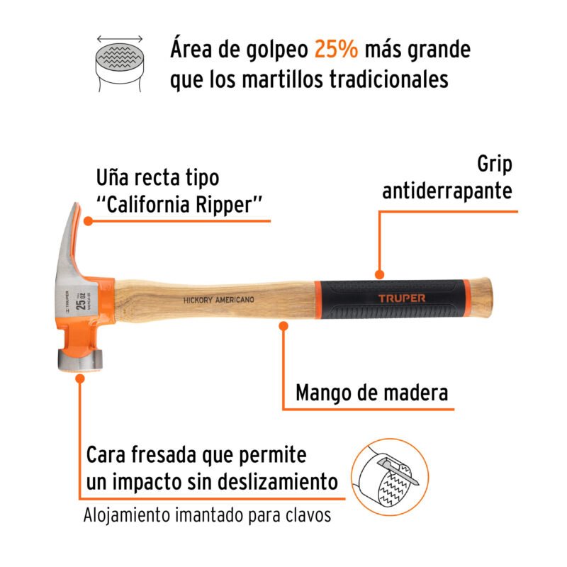 MORCA-25FC1.jpg Código: 16863 Martillo 25 oz uña recta tipo California Ripper, Truper Grip MORCA-25
