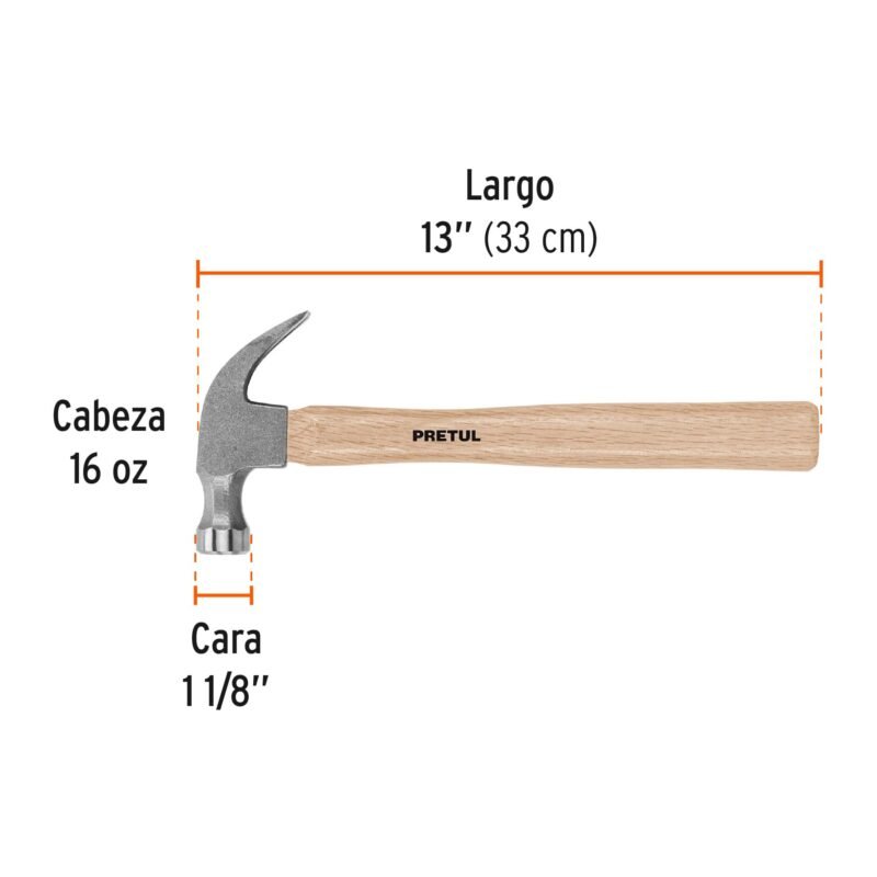 MP-16FC2.jpg Código: 22290 Martillo semipulido, 16 oz, uña curva, PRETUL MP-16
