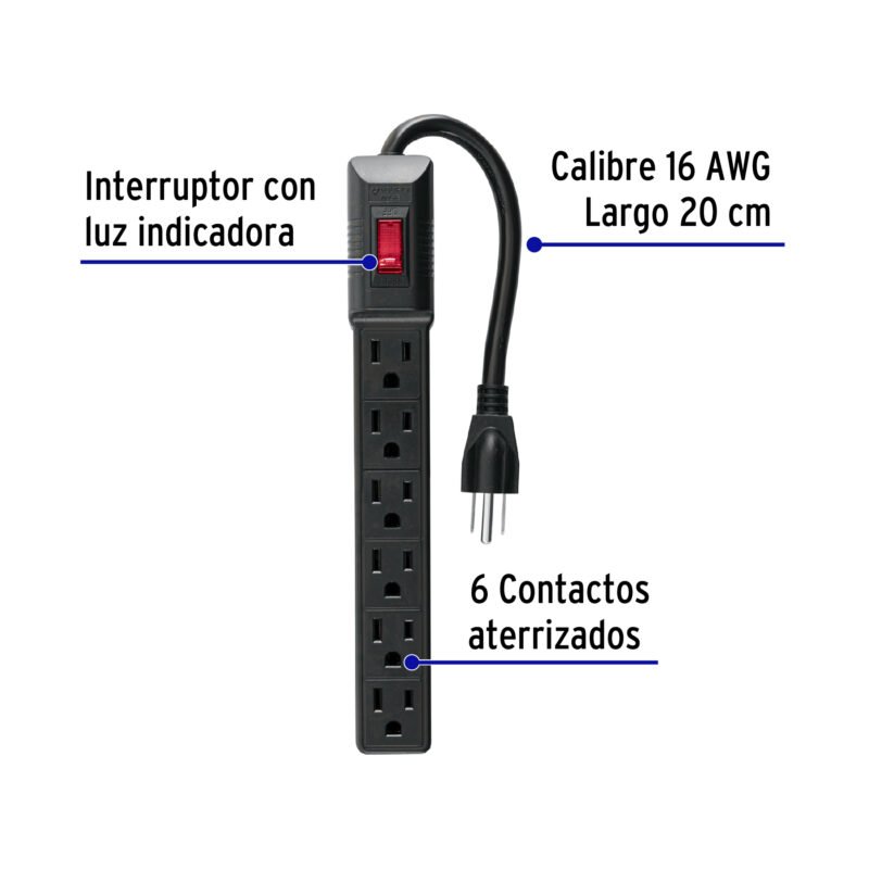 MUL-6ENFC1.jpg Código: 49860 Multicontacto 16 AWG doméstico económico 6 entradas, negro MUL-6EN