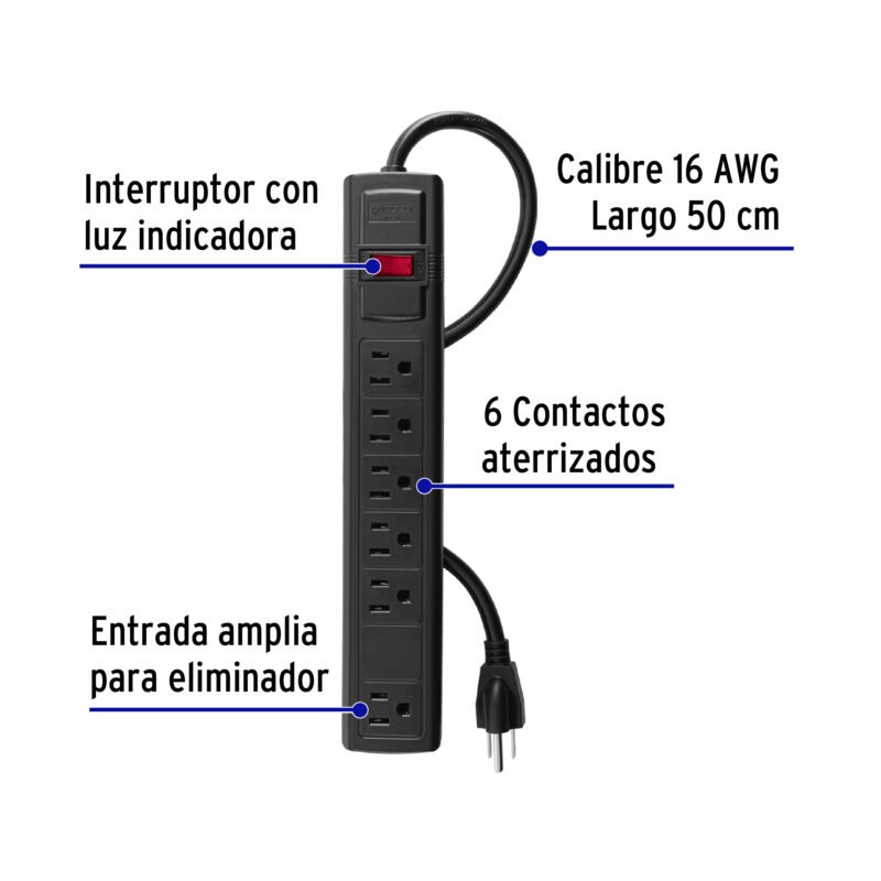 MUL-6NFC1.jpg Código: 49859 Multicontacto 16 AWG doméstico con 6 entradas, negro Volteck MUL-6N