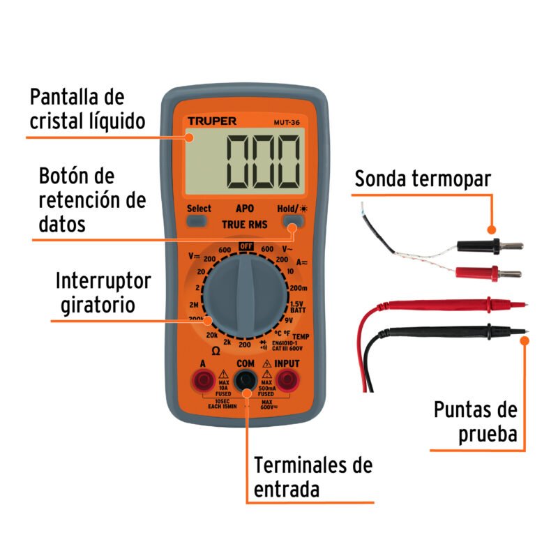MUT-36FC1.jpg Código: 100360 Multímetro digital profesional, Truper MUT-36
