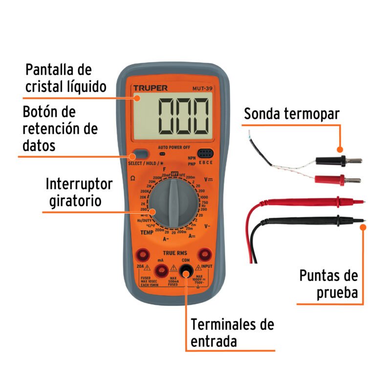 MUT-39FC1.jpg Código: 10402 Multímetro digital profesional con RMS verdadero, Truper MUT-39