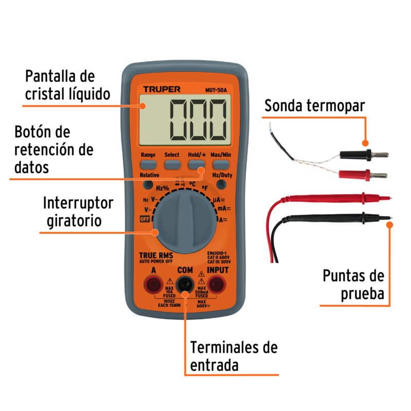 MUT-50AFC1.jpg Código: 100361 Multimetro profesional con RMS verdadero y auto rango MUT-50A