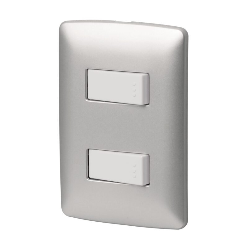 Código: 46479 Placa armada 2 interruptores sencillos plata, línea Italiana PA-APDO-IP