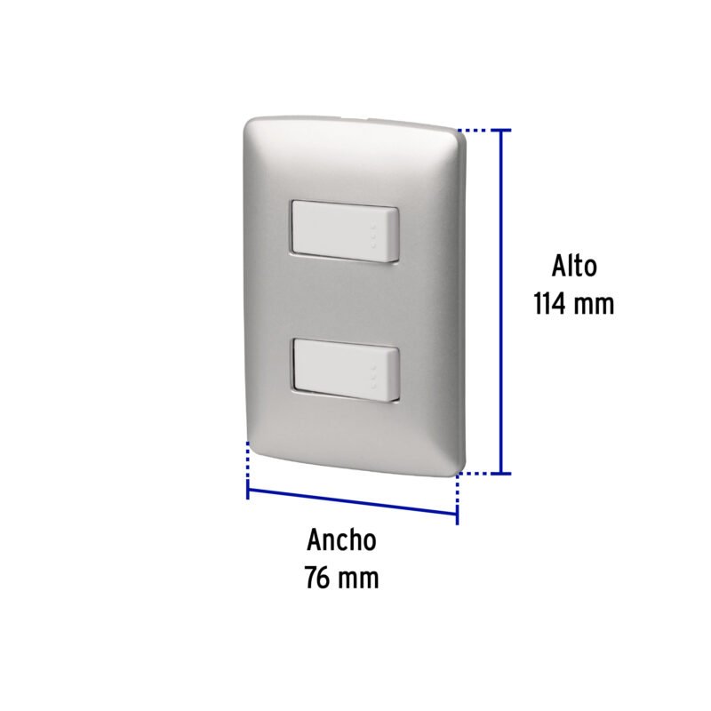 Código: 46479 Placa armada 2 interruptores sencillos plata, línea Italiana PA-APDO-IP