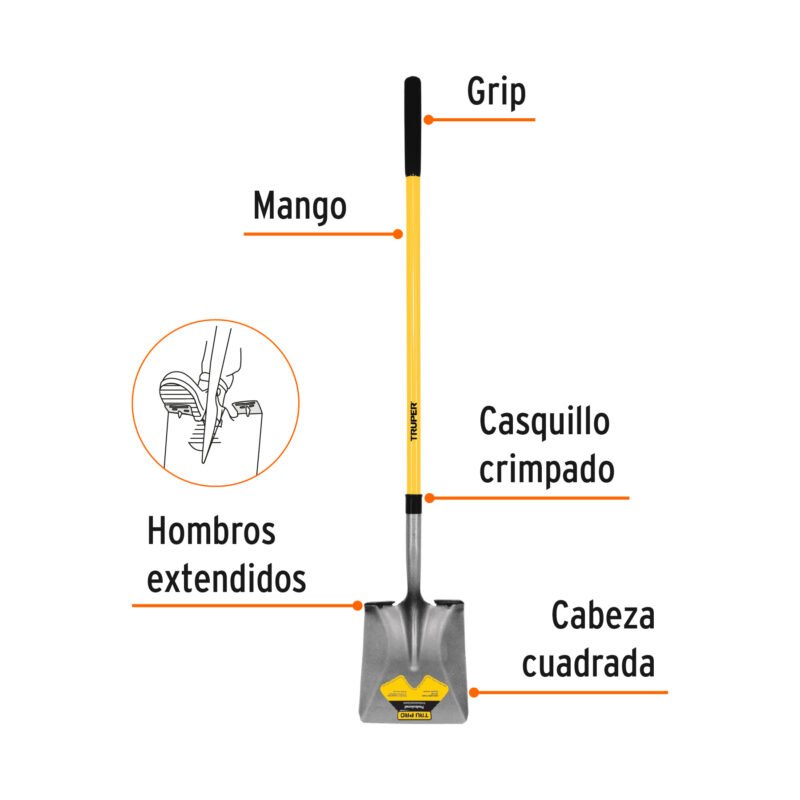 PCL-FFC1.jpg Código: 17167 Pala cuadrada Tru Pro, mango largo de fibra de vidrio 48' PCL-F