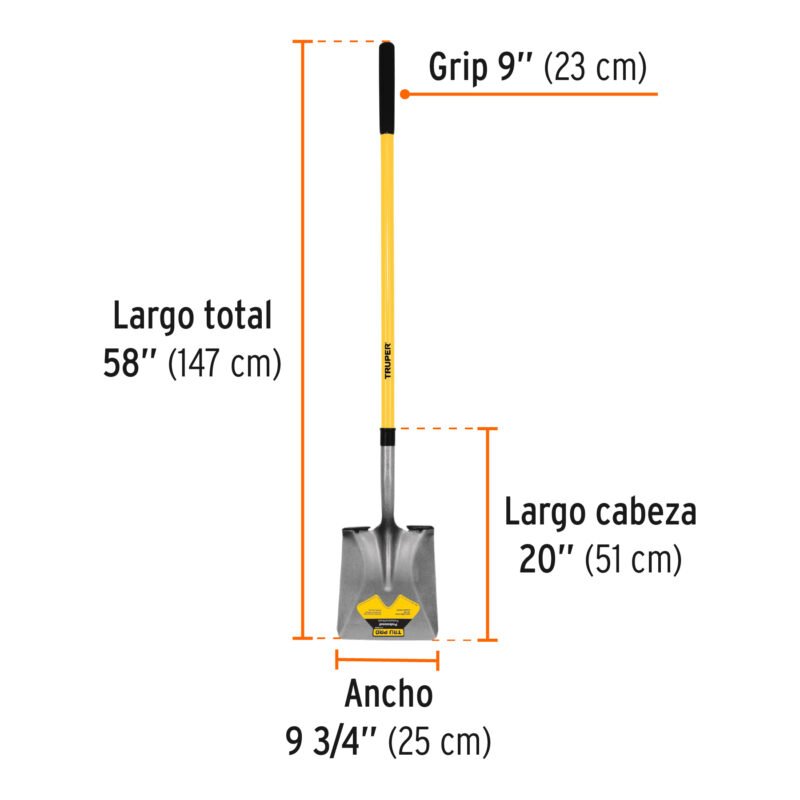 PCL-FFC2.jpg Código: 17167 Pala cuadrada Tru Pro, mango largo de fibra de vidrio 48' PCL-F