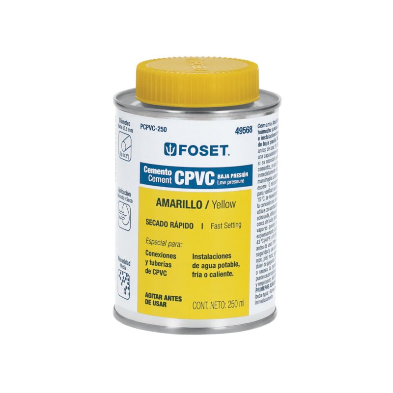 Código: 49568 Cemento p/CPVC, amarillo, toda presión, lata 250ml, FOSET PCPVC-250