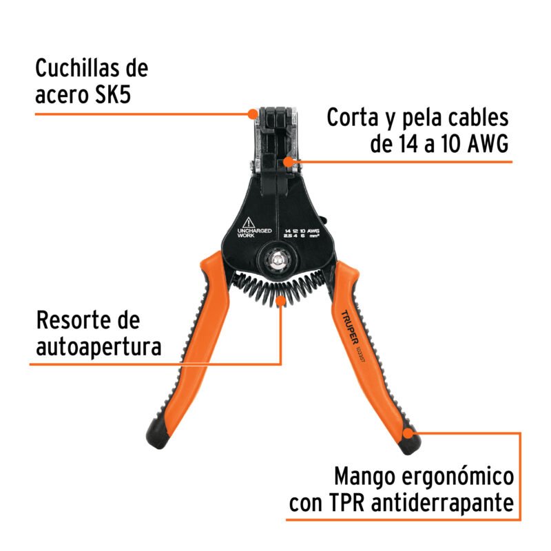 PE-CA-65FC1.jpg Código: 103357 Pinza 6.5' pela cables automática, 14 a 10 AWG, TRUPER PE-CA-65