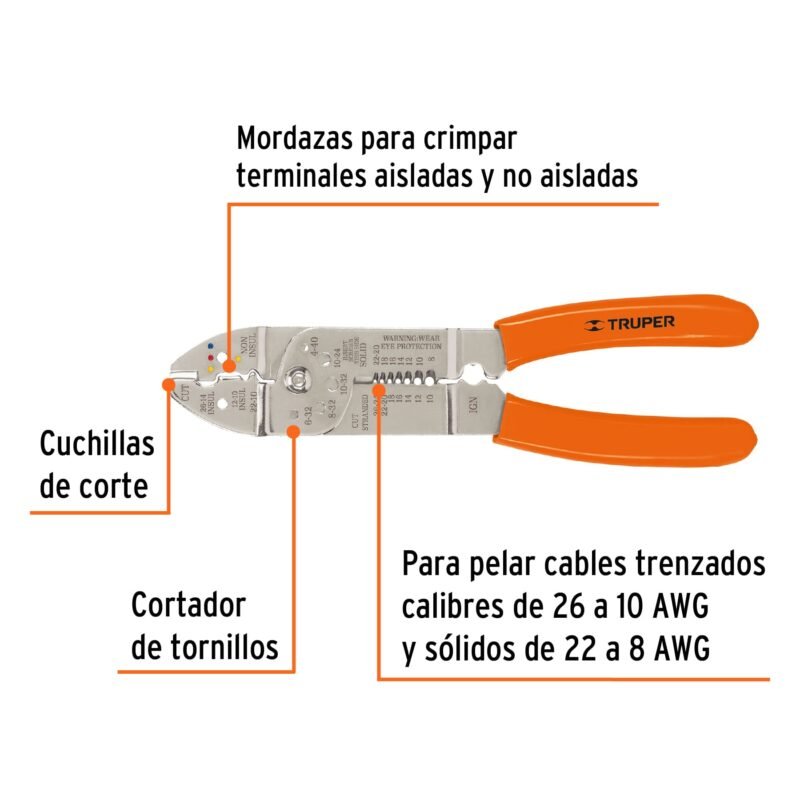 PE-CA-9FC1.jpg Código: 17353 Pinza 9' pela cables, 26 a 10 AWG, TRUPER PE-CA-9