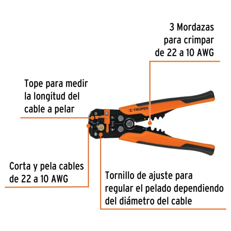 PEC-AUTFC1.jpg Código: 17360 Pinza 8' pela cables automática, 22 a 10 AWG, TRUPER PEC-AUT