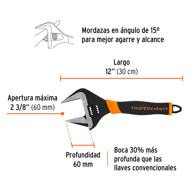 PET-12XAFC2.jpg Código: 101036 Llave ajustable (perico) 12' boca ancha Comfort Grip, Expert PET-12XA