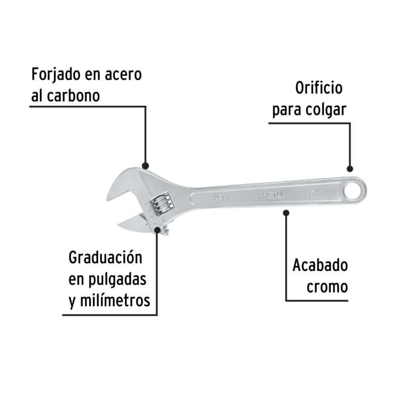 PET-15PFC1.jpg Código: 26054 Llave ajustable (perico) 15' cromada, Pretul PET-15P