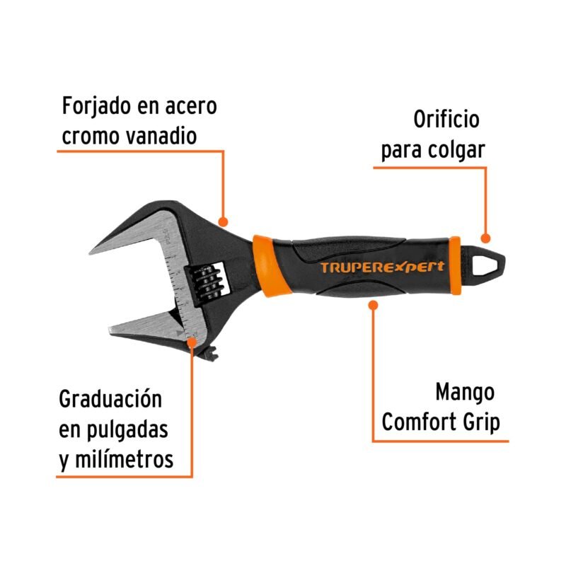 PET-6XAFC1.jpg Código: 101033 Llave ajustable (perico) 6' boca ancha Comfort Grip, Expert PET-6XA