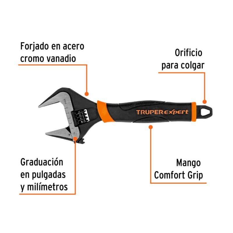 PET-8XAFC1.jpg Código: 101034 Llave ajustable (perico) 8' boca ancha Comfort Grip, Expert PET-8XA