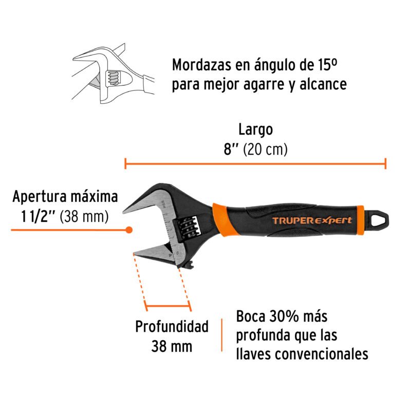 PET-8XAFC2.jpg Código: 101034 Llave ajustable (perico) 8' boca ancha Comfort Grip, Expert PET-8XA