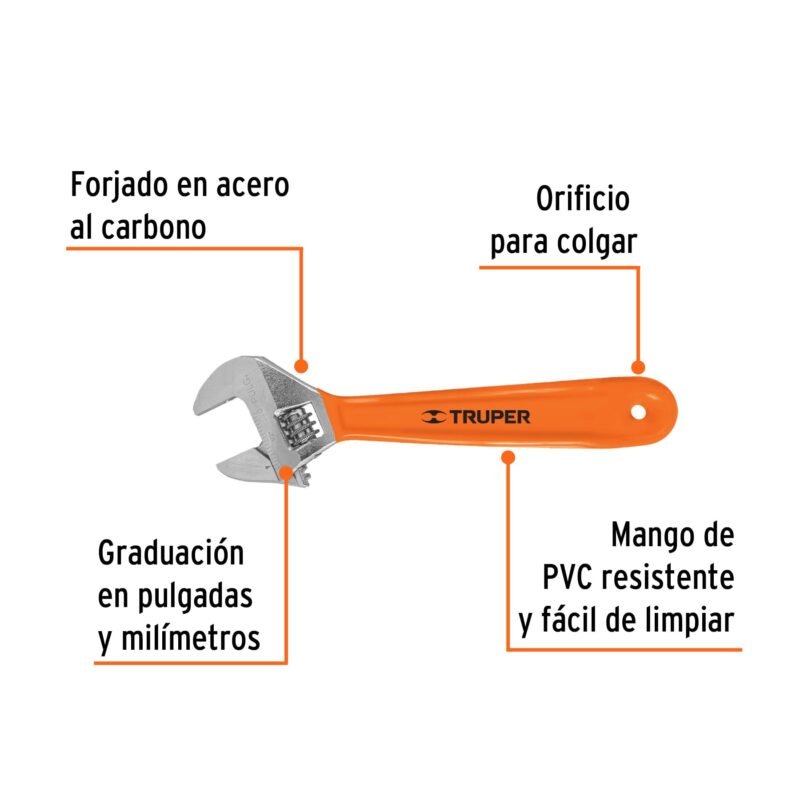 PET-8XFC1.jpg Código: 15510 Llave ajustable (perico) 8' cromada mango de PVC, Truper PET-8X