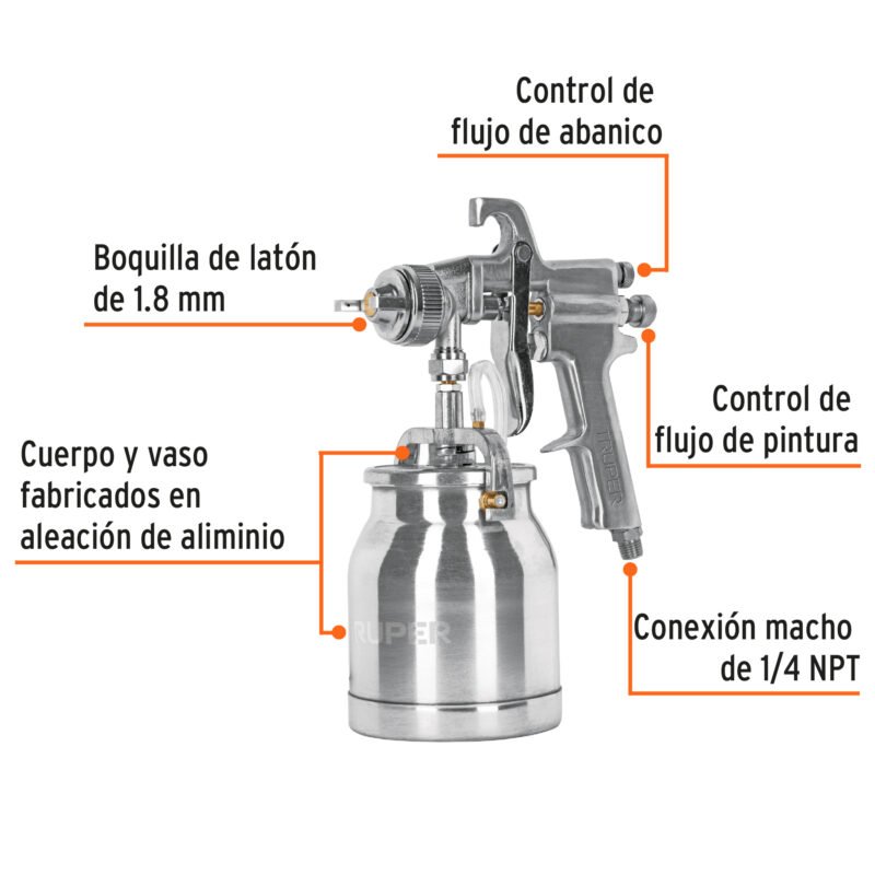 PIPI-310FC1.jpg Código: 14087 Pistola p/pintar succión HVHP vaso alum, 1.8mm, 2 vál Truper PIPI-310