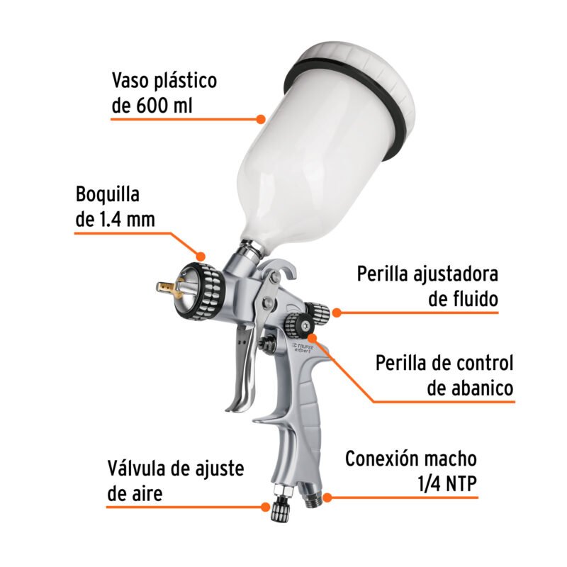 PIPI-440XFC1.jpg Código: 14031 Pistola p/pintar gravedad HVLP vaso plástico, 1.4 mm, Expert PIPI-440X