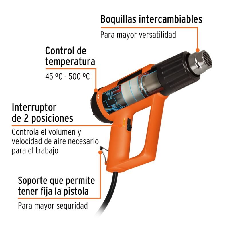 PISCA-AFC1.jpg Código: 16432 Pistola de calor 2000W con 9 accesorios, TRUPER PRO PISCA-A