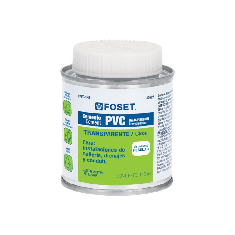 Código: 49562 Cemento p/PVC, transparente, baja presión, lata 145ml, FOSET PPVC-145
