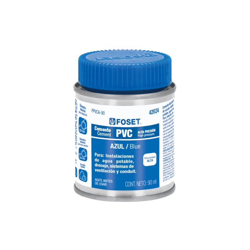 Código: 42024 Cemento p/PVC, azul, alta presión, lata 90ml, FOSET PPVCA-90