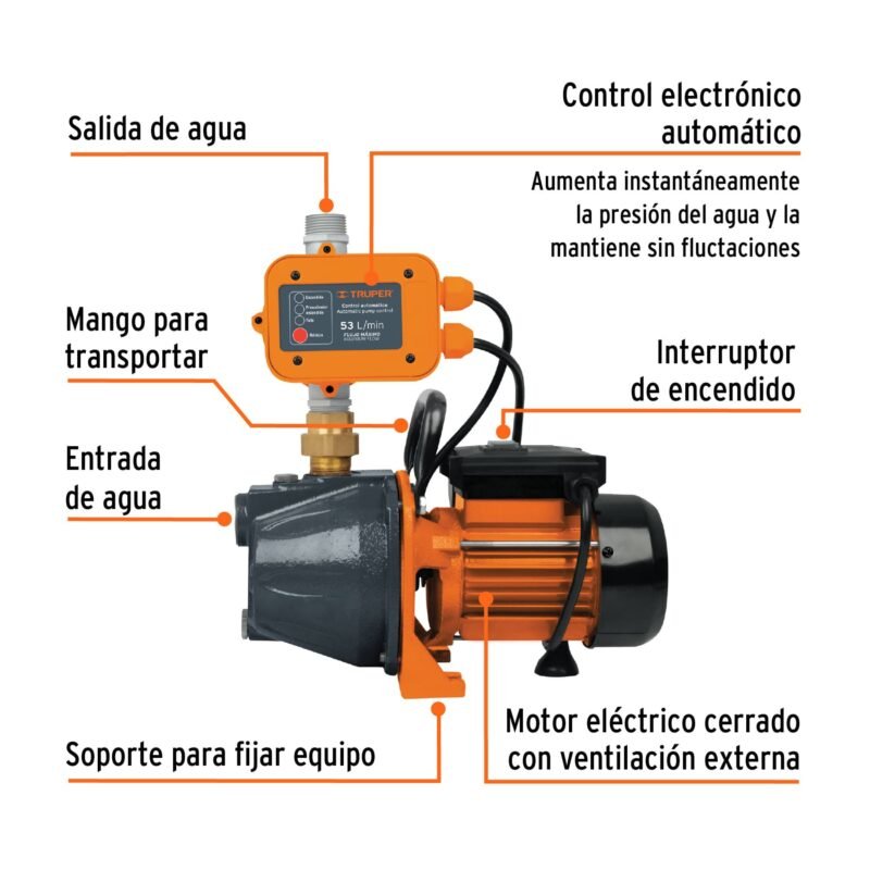 Código: 19397 Bomba presurizadora jet hierro 1 HP con control, Truper PRES-1
