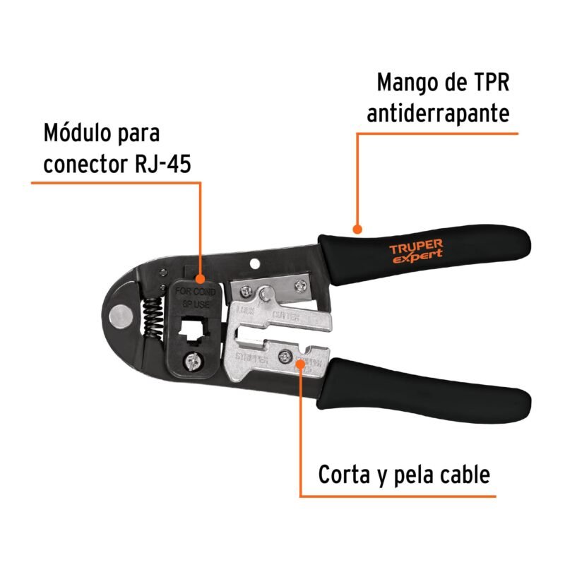 Código: 18342 Pinza 8' ponchadora para cables RJ-45, 8 contactos, Truper PRJ-45