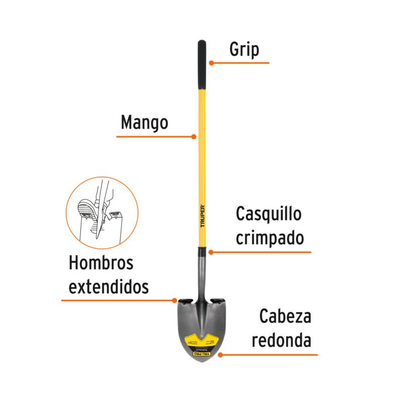 PRL-FFC1.jpg Código: 17166 Pala redonda Tru Pro, mango largo de fibra de vidrio 48' PRL-F