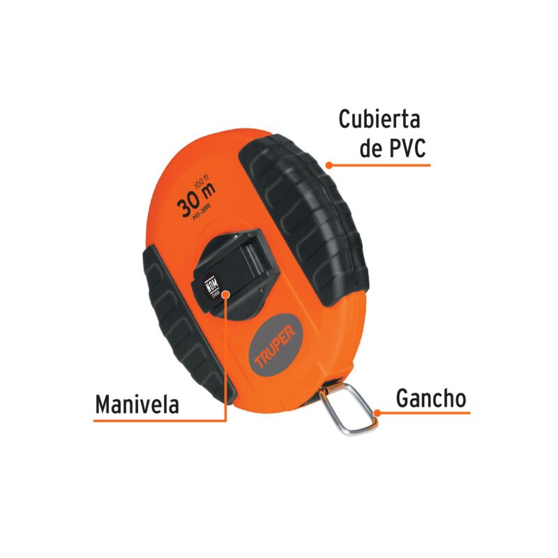PRO-30MEFC2.jpg Código: 20901 Cinta métrica larga 30 m, metálica, carcasa plástica, TRUPER PRO-30ME