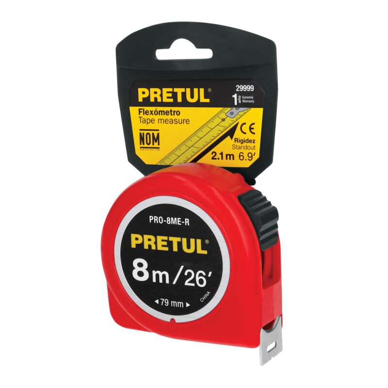 PRO-8ME-R.jpg Código: 29999 Flexómetro rojo 8 m cinta 25 mm, en tarjeta, PRETUL PRO-8ME-R