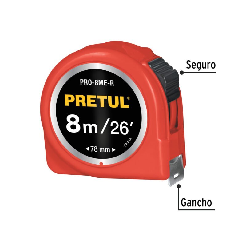 PRO-8ME-RFC1.jpg Código: 29999 Flexómetro rojo 8 m cinta 25 mm, en tarjeta, PRETUL PRO-8ME-R
