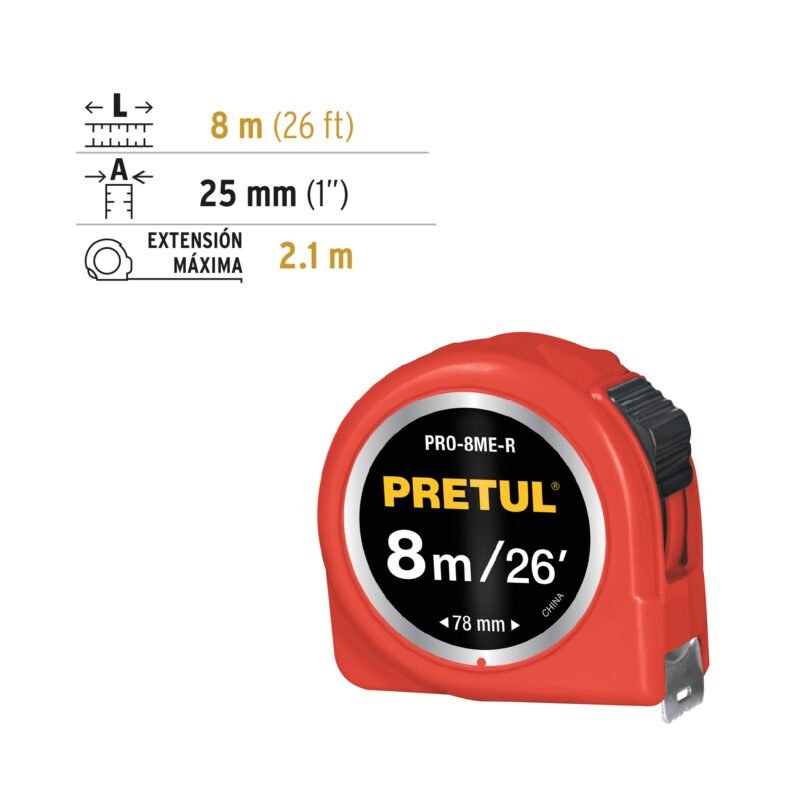 PRO-8ME-RFC2.jpg Código: 29999 Flexómetro rojo 8 m cinta 25 mm, en tarjeta, PRETUL PRO-8ME-R