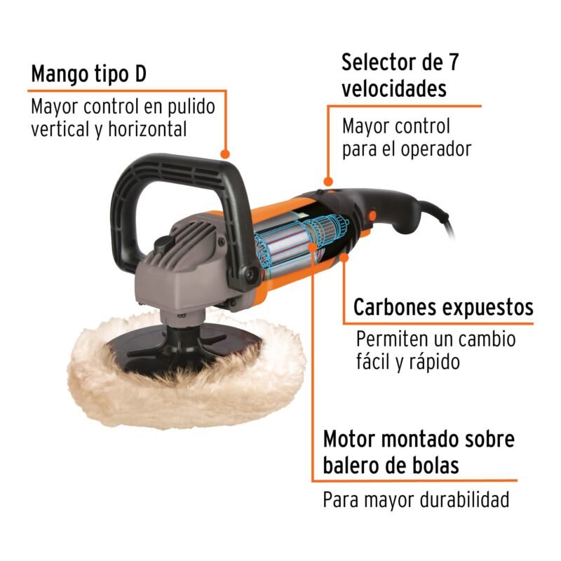 PULA-7A3FC1.jpg Código: 16626 Pulidora velocidad variable 7', 1200W, TRUPER PRO PULA-7A3