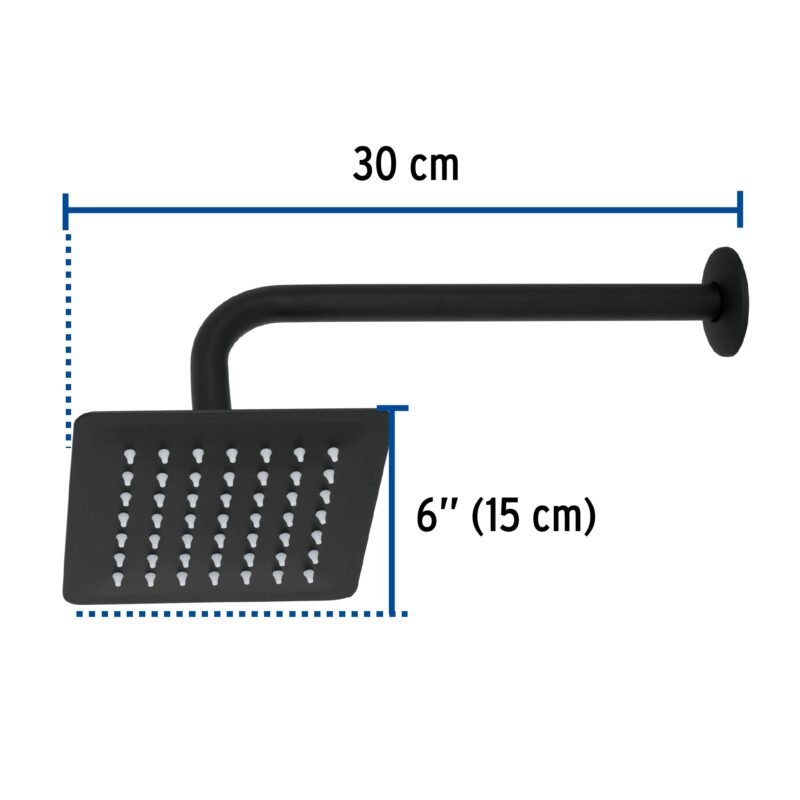 Código: 47748 Regadera cuadrada 6', acero inox, con brazo, negro, Túbig R-414M
