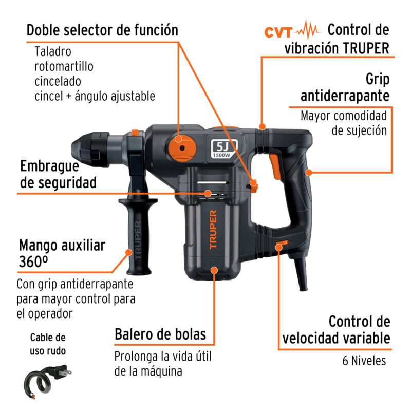 ROEL-50N2FC1.jpg Código: 19320 Rotomartillo SDS Plus 5 Joules, 1500W, TRUPER INDUSTRIAL ROEL-50N2