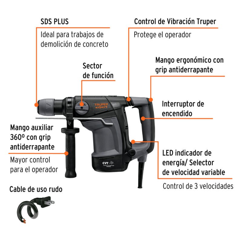 RPLUS-4NXFC1.jpg Código: 101220 Rotomartillo SDS Plus 4 Joules, 1000W, TRUPER EXPERT RPLUS-4NX