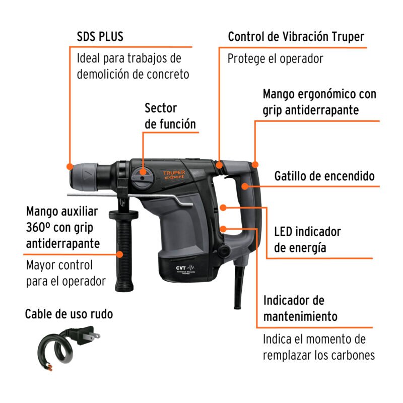RPLUS-6NXFC1.jpg Código: 101221 Rotomartillo SDS Plus 6 Joules, 1100W, TRUPER EXPERT RPLUS-6NX