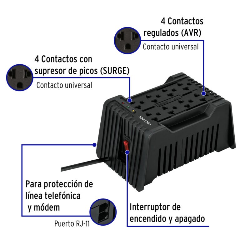 RV-1200FC1.jpg Código: 45573 Regulador de voltaje de 1200 VA / 600 W 8 contactos, Volteck RV-1200