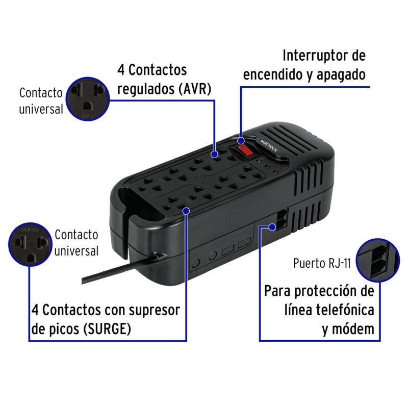 RV-1600FC1.jpg Código: 45574 Regulador de voltaje de 1600 VA / 800 W 8 contactos, Volteck RV-1600