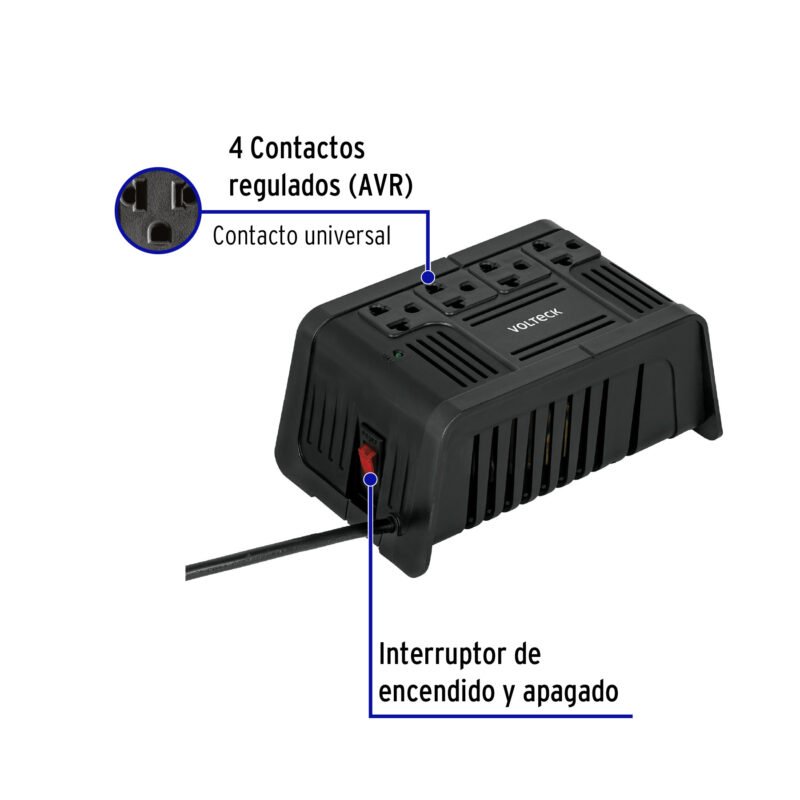 RV-800FC1.jpg Código: 45572 Regulador de voltaje de 800 VA / 400 W 4 contactos, Volteck RV-800