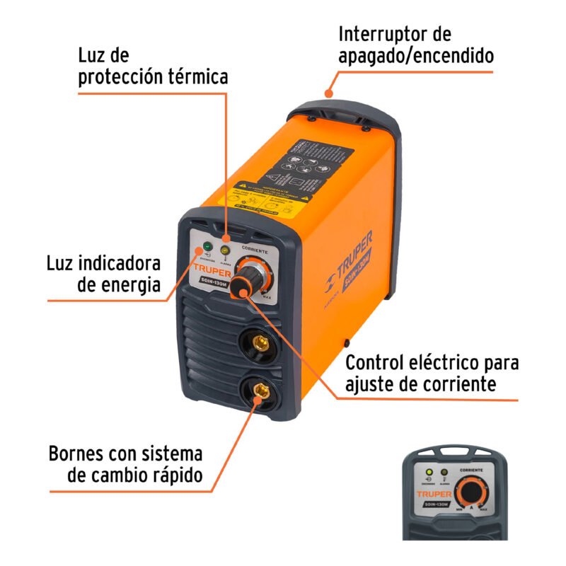 SOIN-130MFC1.jpg Código: 102322 Mini soldadora inversora 130A, 127V, TRUPER SOIN-130M