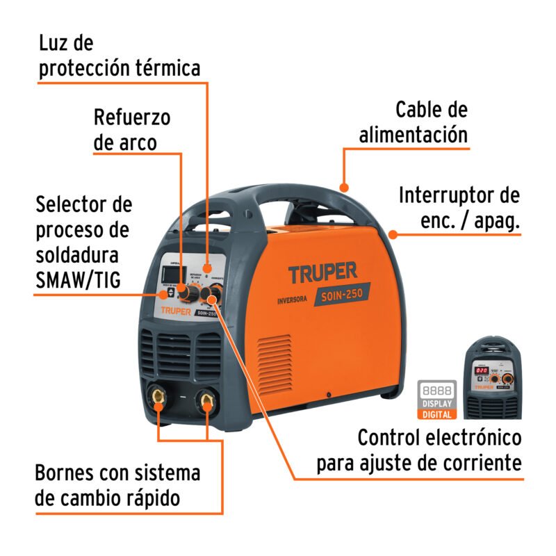 SOIN-250FC1.jpg Código: 17411 Soldadora inversora 250A, 220V, TRUPER SOIN-250