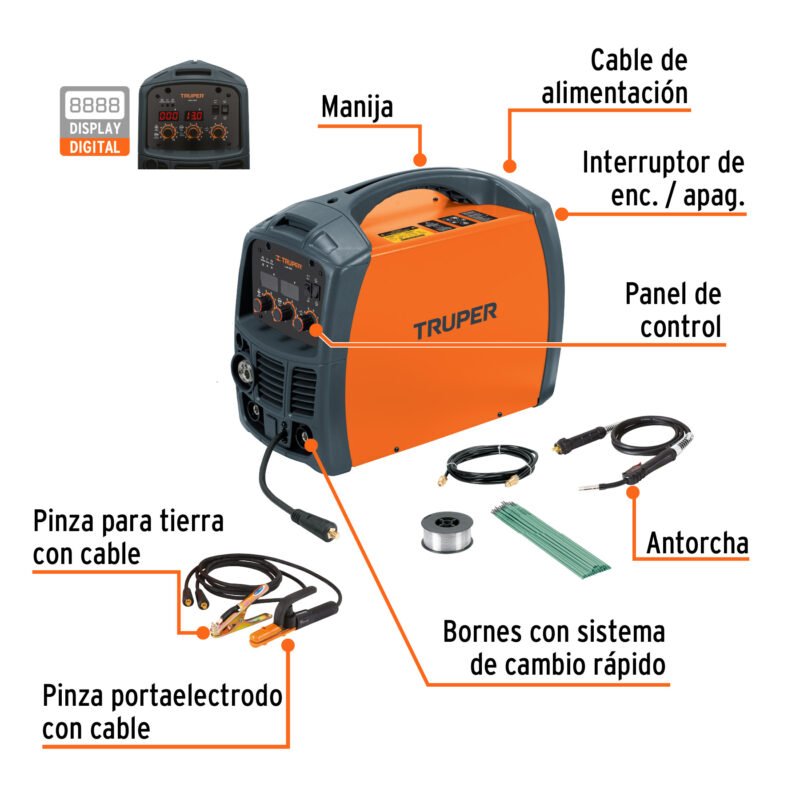 SOMI-130XFC1.jpg Código: 13191 Soldadora para microalambre y electrodo, 130A, TRUPER SOMI-130X