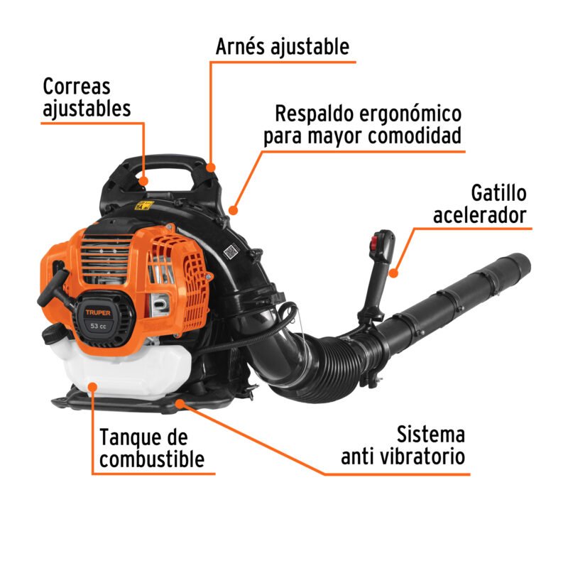 SOPLA-53FC1.jpg Código: 102970 Sopladora con motor de 53cc a gasolina, tipo mochila, Truper SOPLA-53