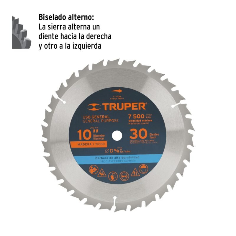 ST-1030FC1.jpg Código: 18304 Disco sierra 10' para madera, 30 dientes centro 5/8', Truper ST-1030