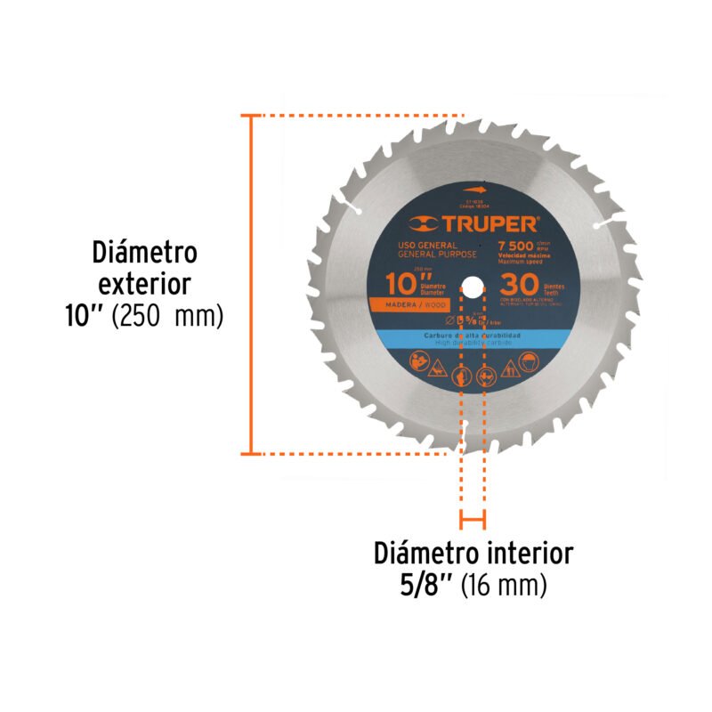 ST-1030FC2.jpg Código: 18304 Disco sierra 10' para madera, 30 dientes centro 5/8', Truper ST-1030