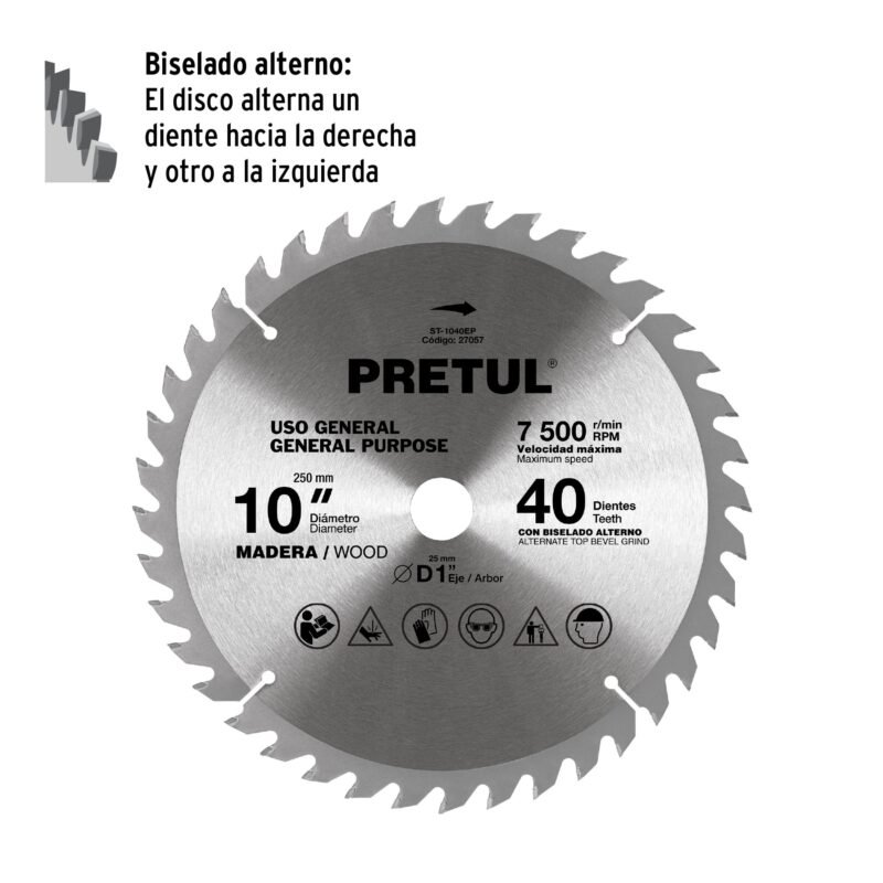 ST-1040EPFC1.jpg Código: 27057 Disco sierra 10' para madera, 40 dientes centro 1', Pretul ST-1040EP